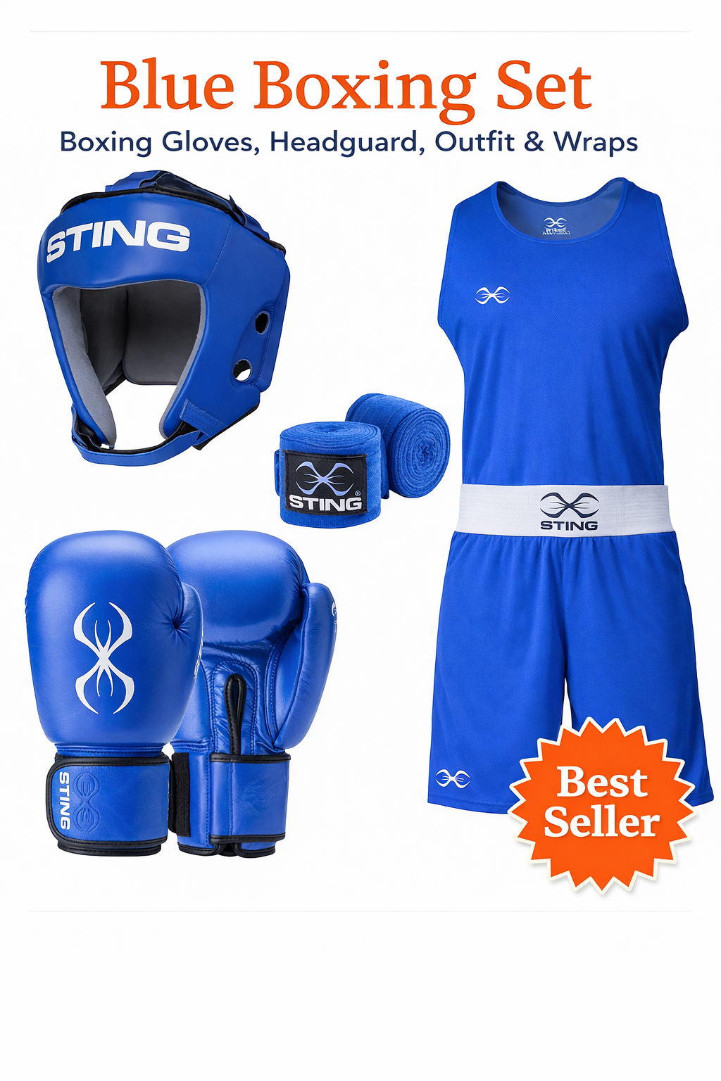Sting Boxing Set - Amteur Boxing Gloves, Headgear, Vest-Shorts Boxing Handwraps kids & Adult Fight Gear All Sizes