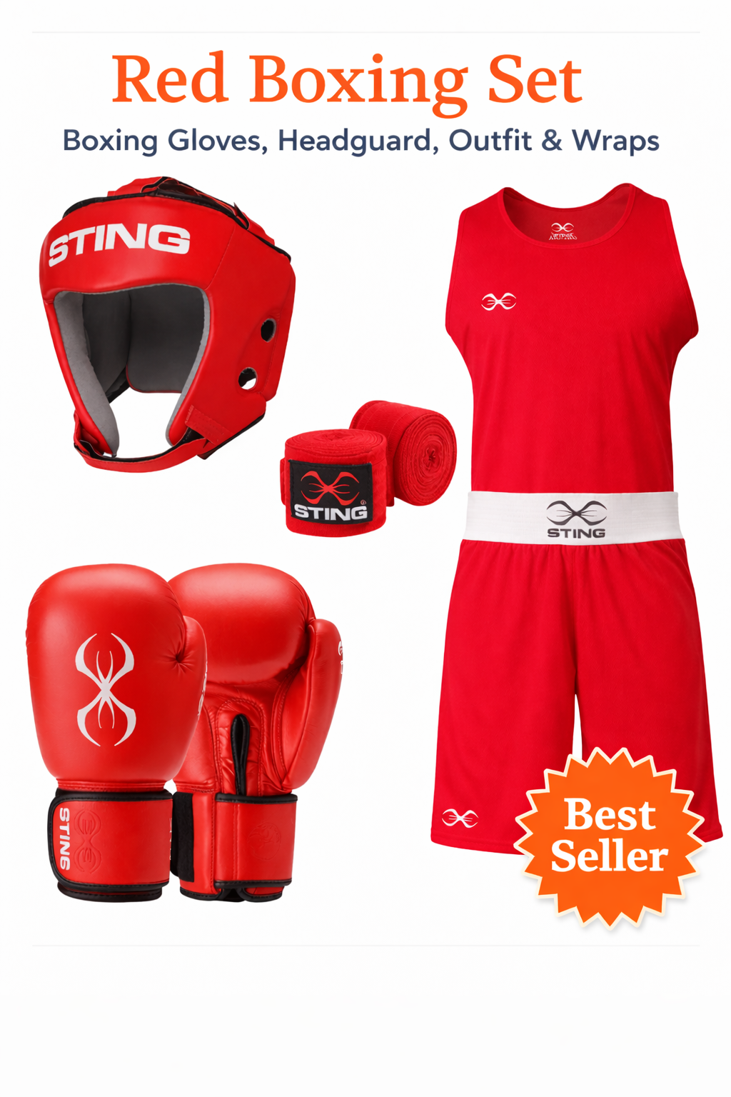 Sting Boxing Set - Amteur Boxing Gloves, Headgear, Vest-Shorts Boxing Handwraps kids & Adult Fight Gear All Sizes