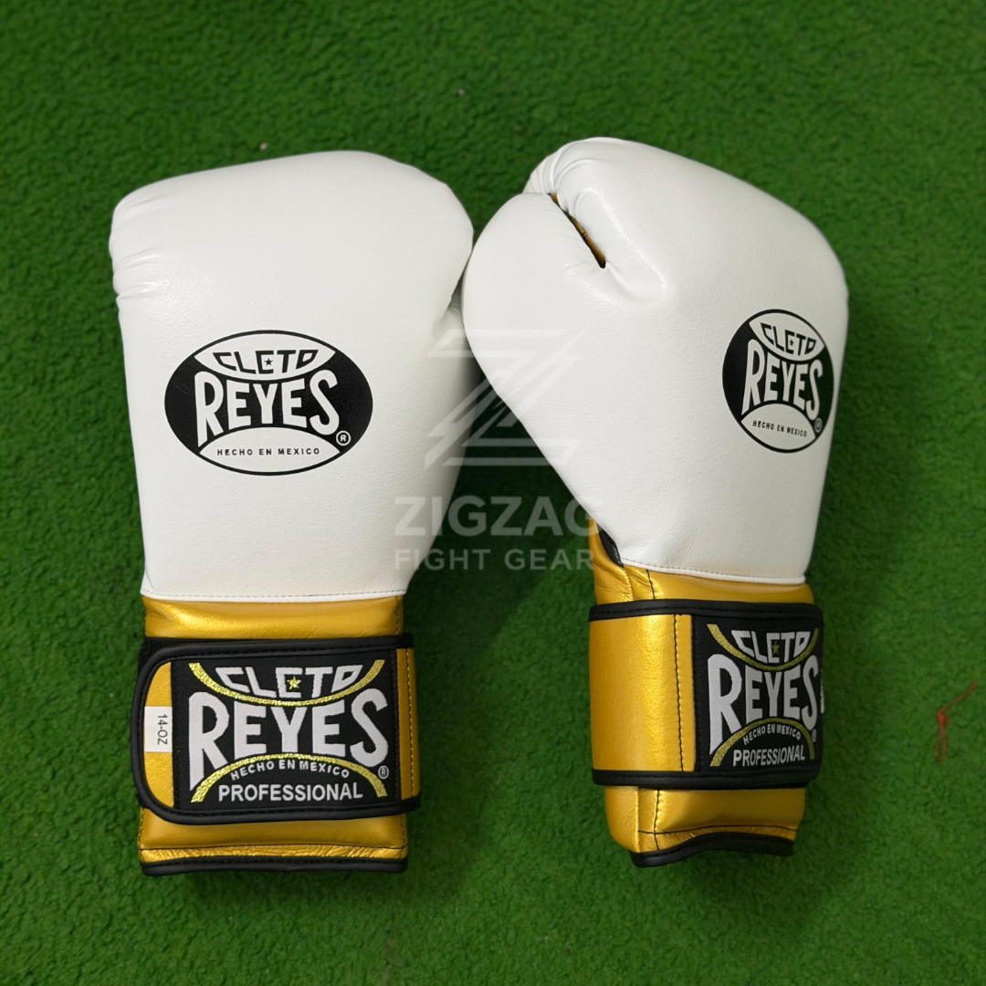 Cleto Reyes Velcro Sparring Gloves White & Gold Hook & Loop Training Boxing Gloves