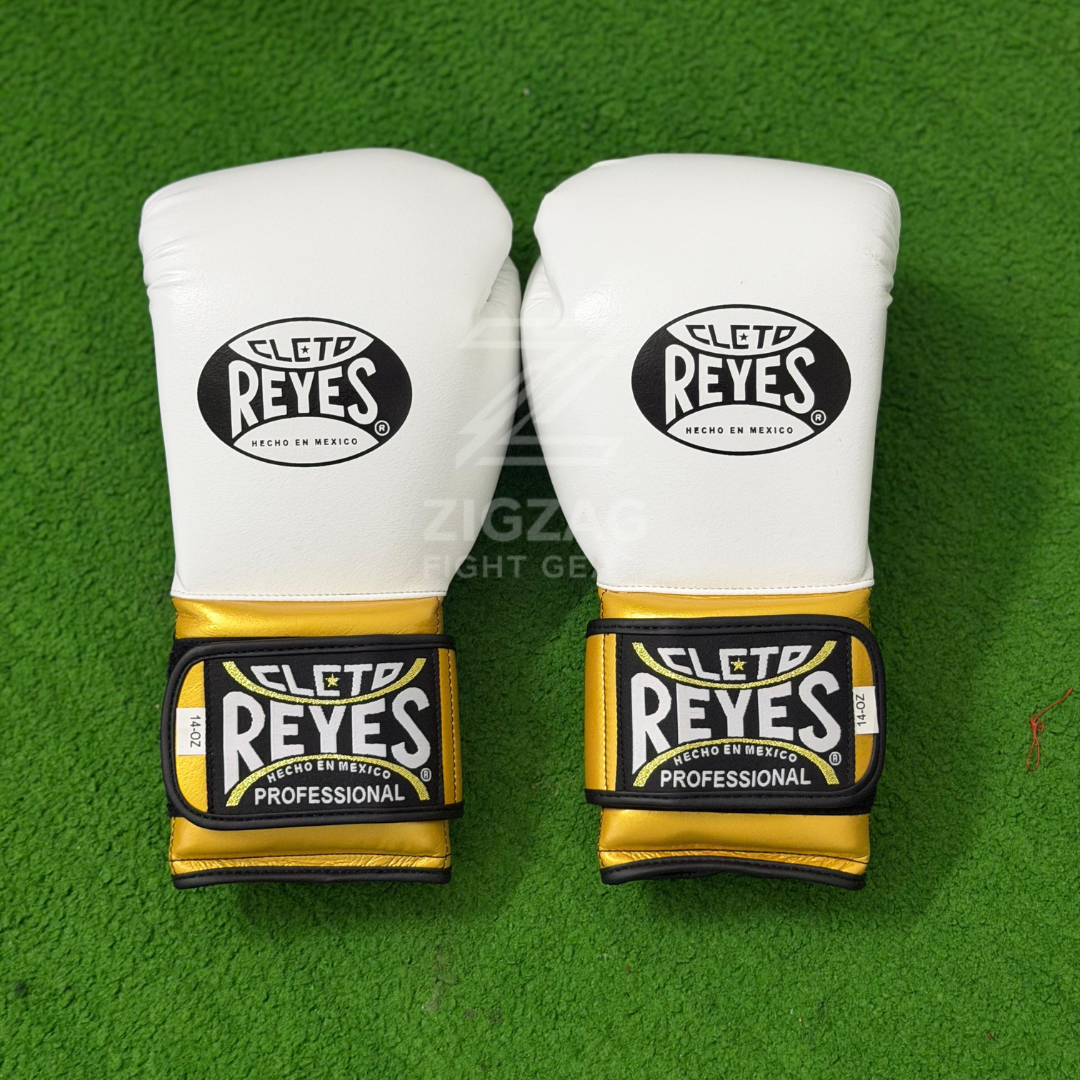 Cleto Reyes Velcro Sparring Gloves White & Gold Hook & Loop Training Boxing Gloves