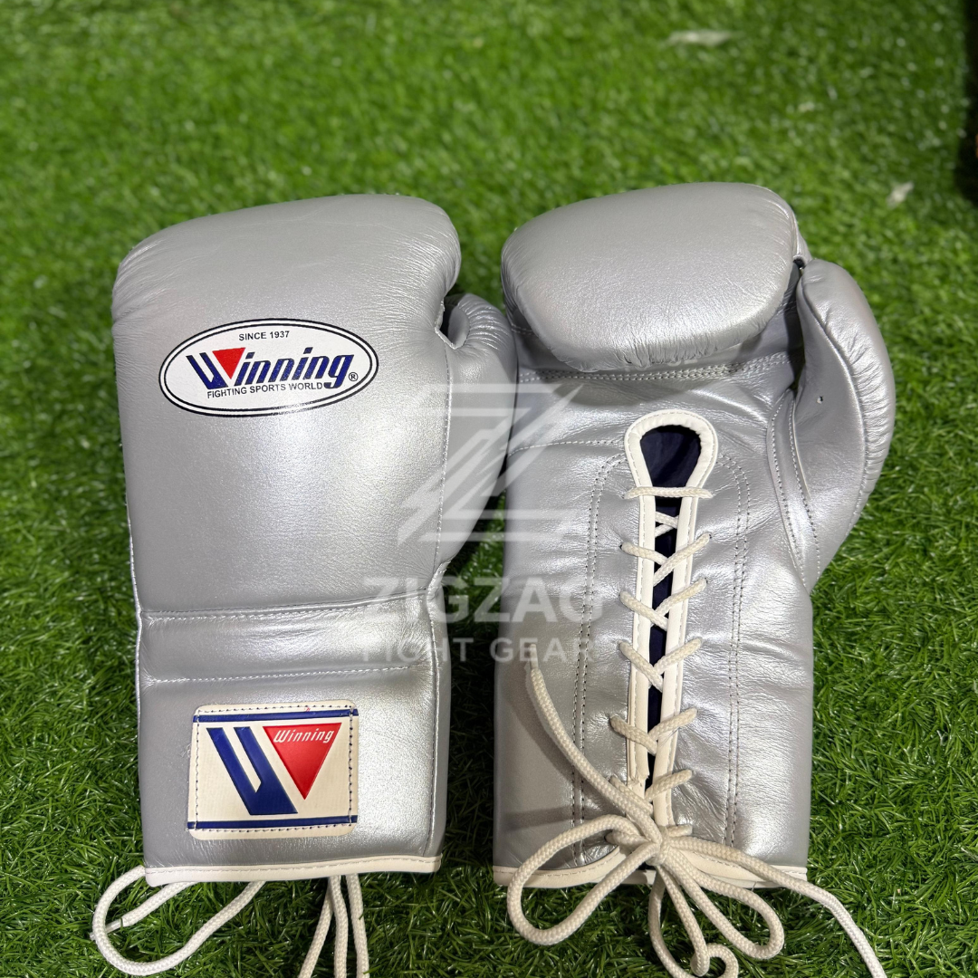 Winning Lace Up Sparring Boxing Gloves –  Silver 100% Genuine Leather