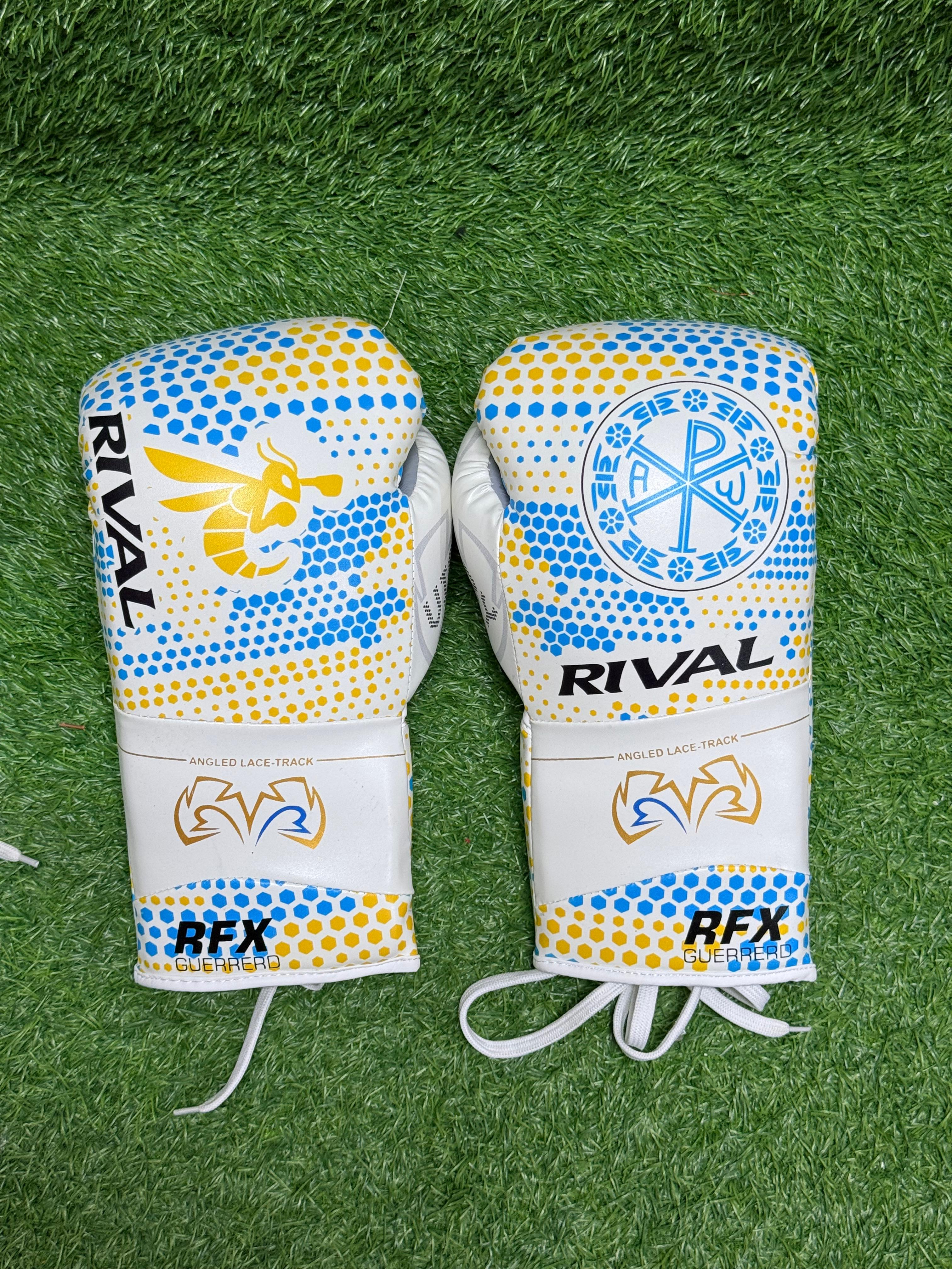 Rival RFX Guerrero Lace Track Boxing Gloves White Blue Gold Honeycomb Limited Edition – Professional Fight Gloves