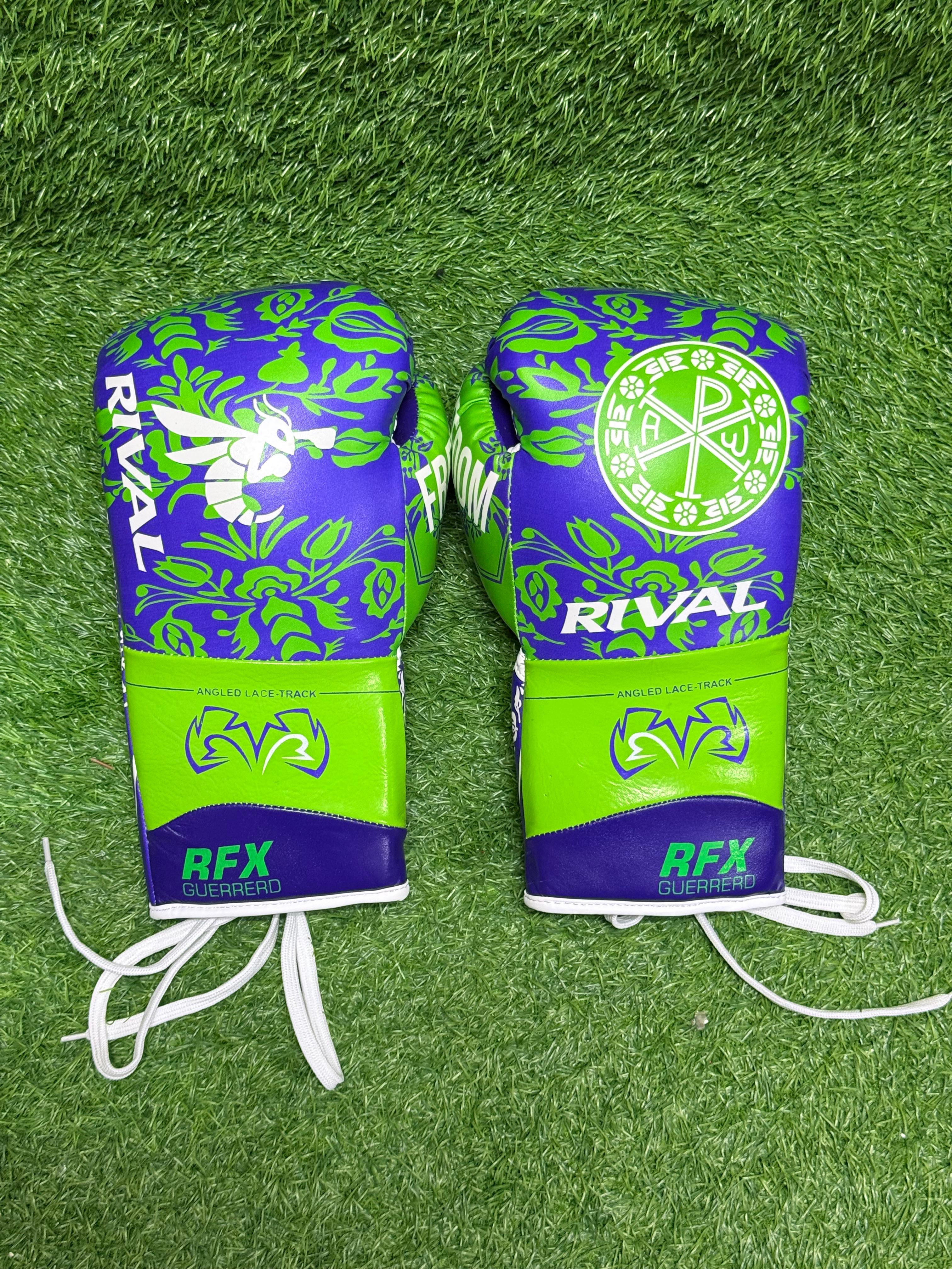 Rival RFX Guerrero Lace Track Boxing Gloves Purple & Green Limited Edition – Professional Lace-Up Fight Gloves