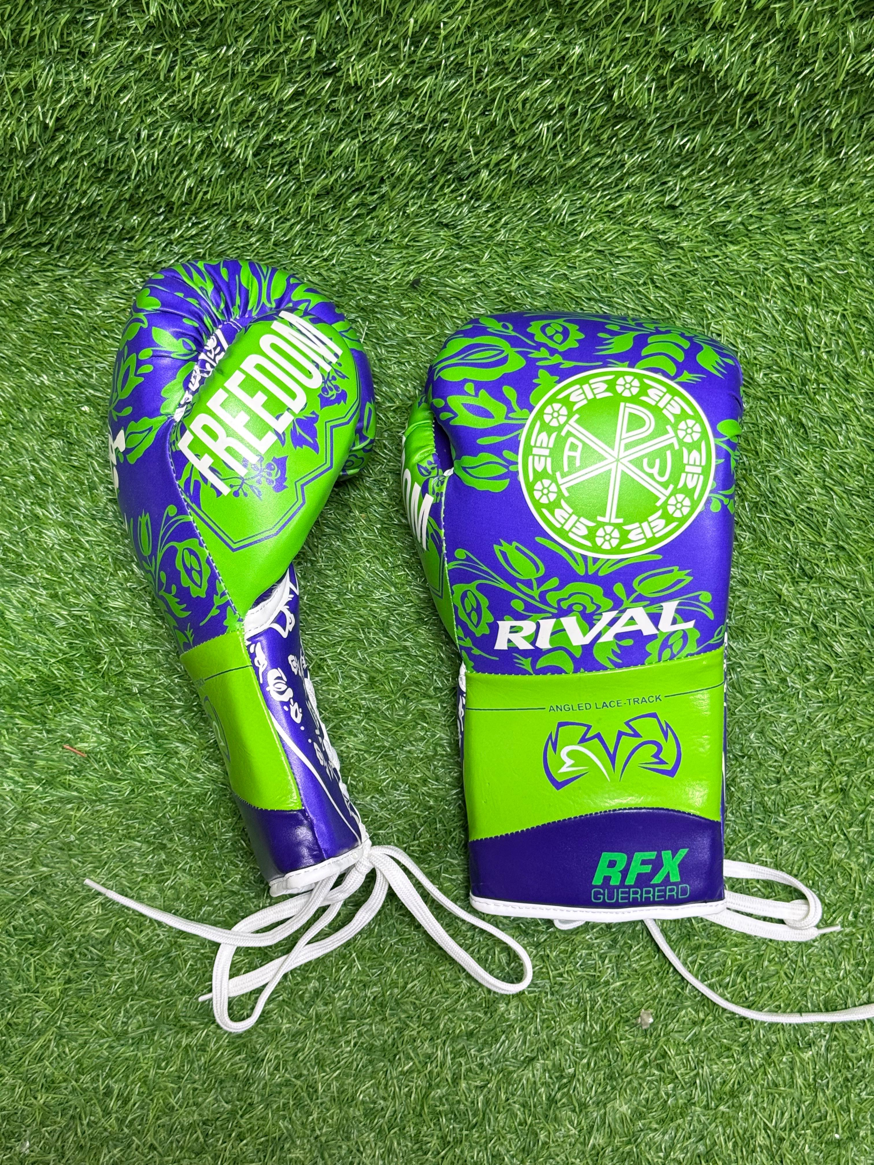 Rival RFX Guerrero Lace Track Boxing Gloves Purple & Green Limited Edition – Professional Lace-Up Fight Gloves