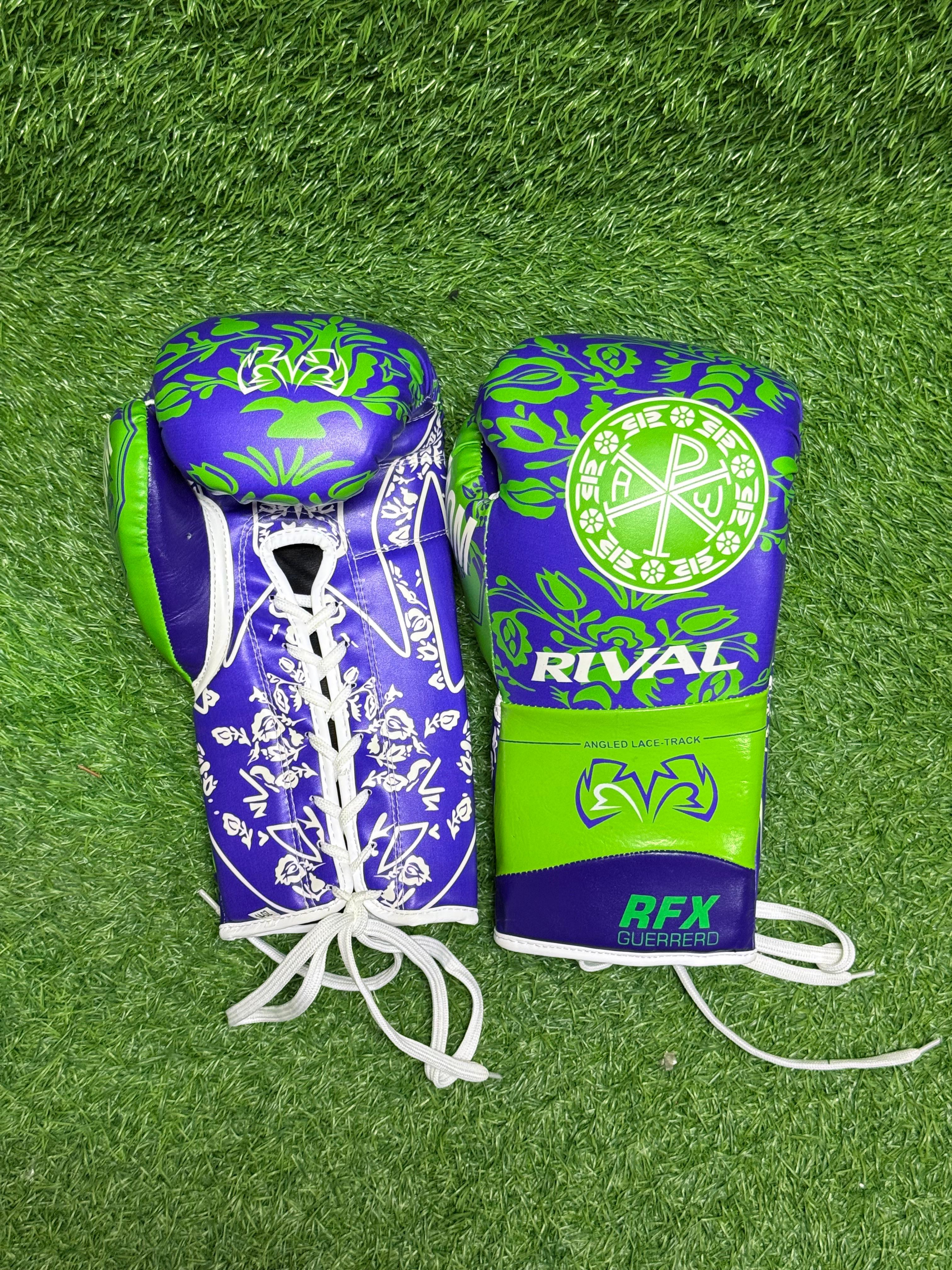 Rival RFX Guerrero Lace Track Boxing Gloves Purple & Green Limited Edition – Professional Lace-Up Fight Gloves