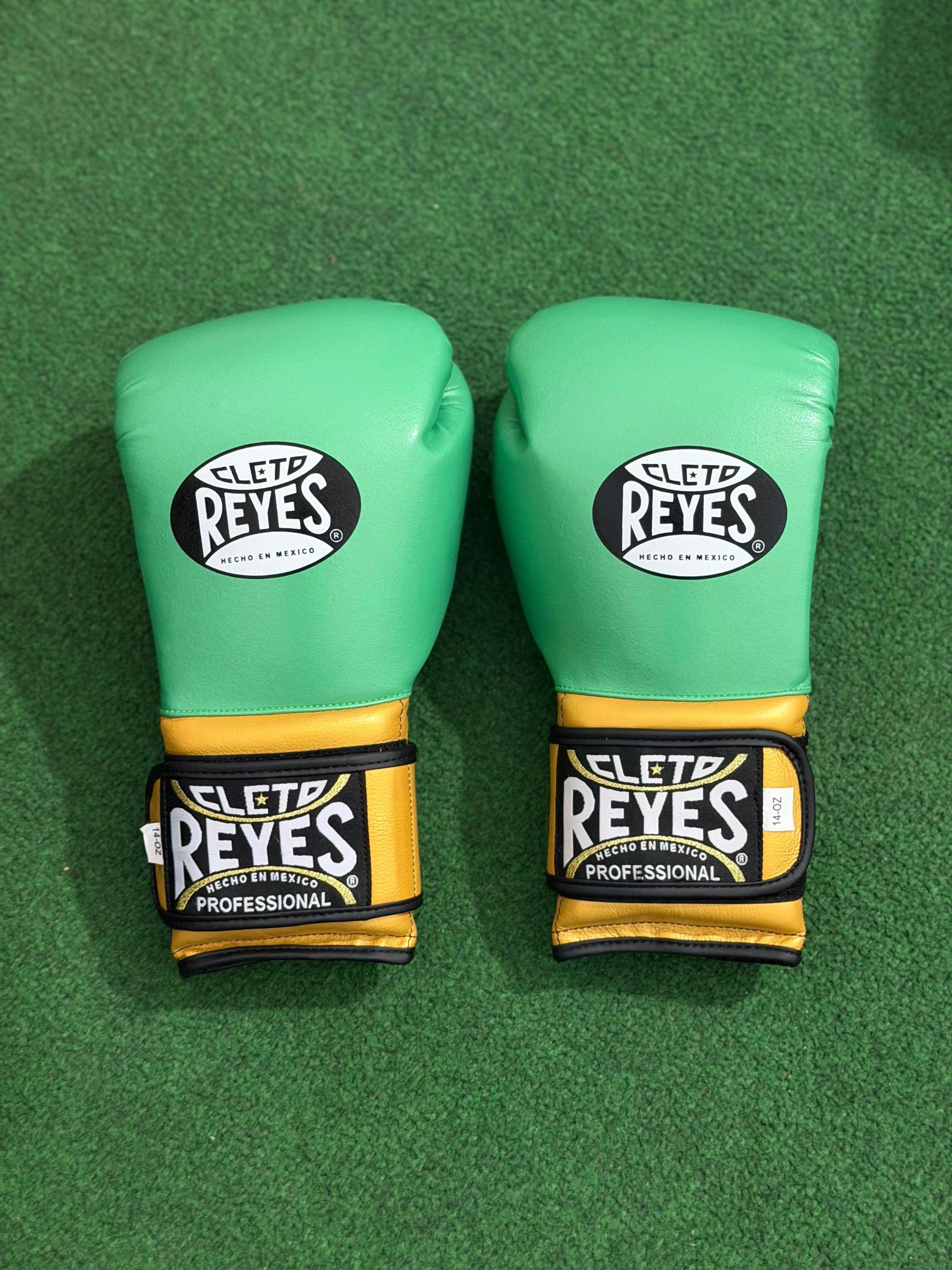 Cleto Reyes Professional Boxing Gloves Green & Gold WBC Edition – Hook & Loop Velcro Training Gloves (14oz)