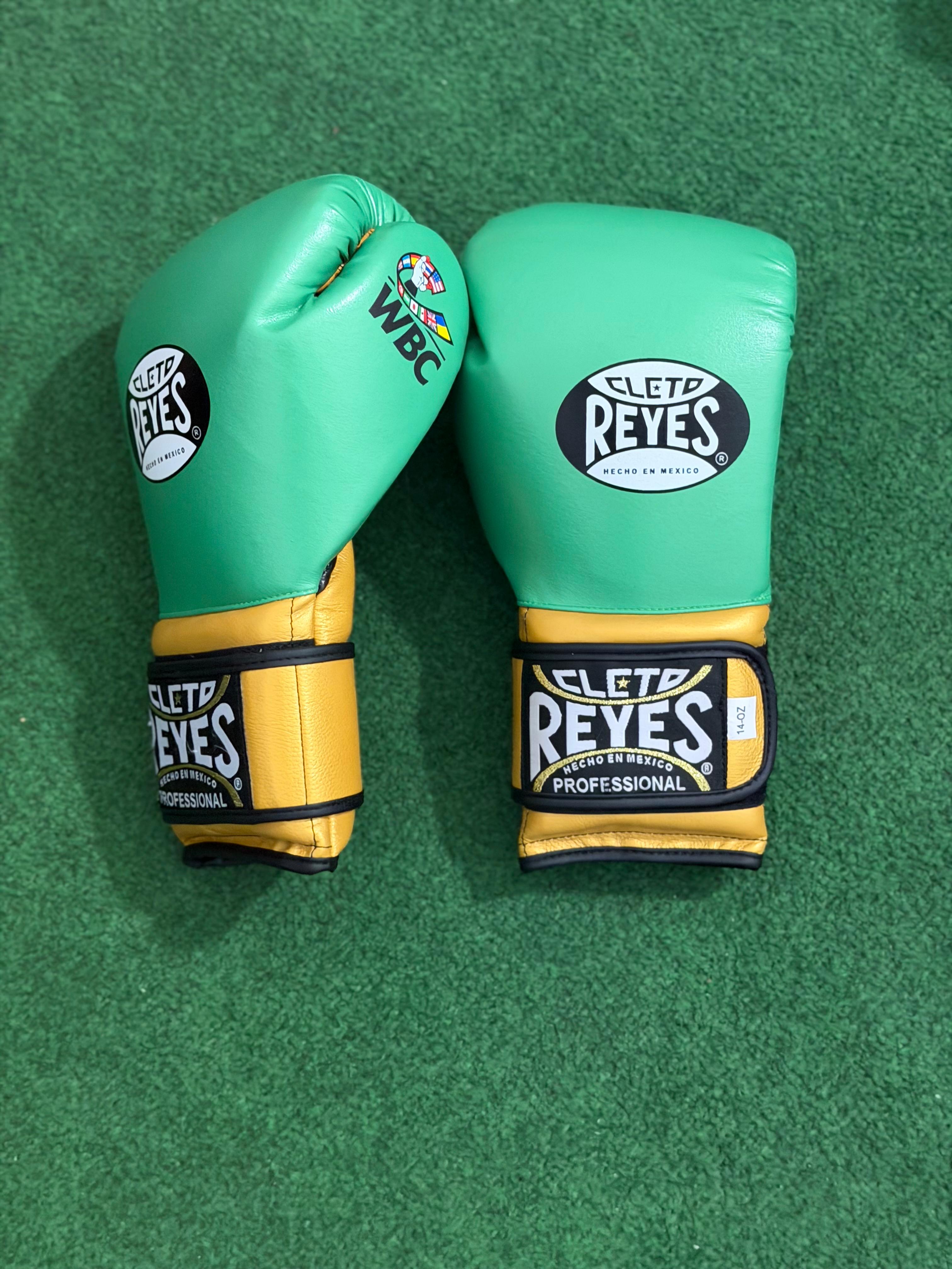 Cleto Reyes Professional Boxing Gloves Green & Gold WBC Edition – Hook & Loop Velcro Training Gloves (14oz)