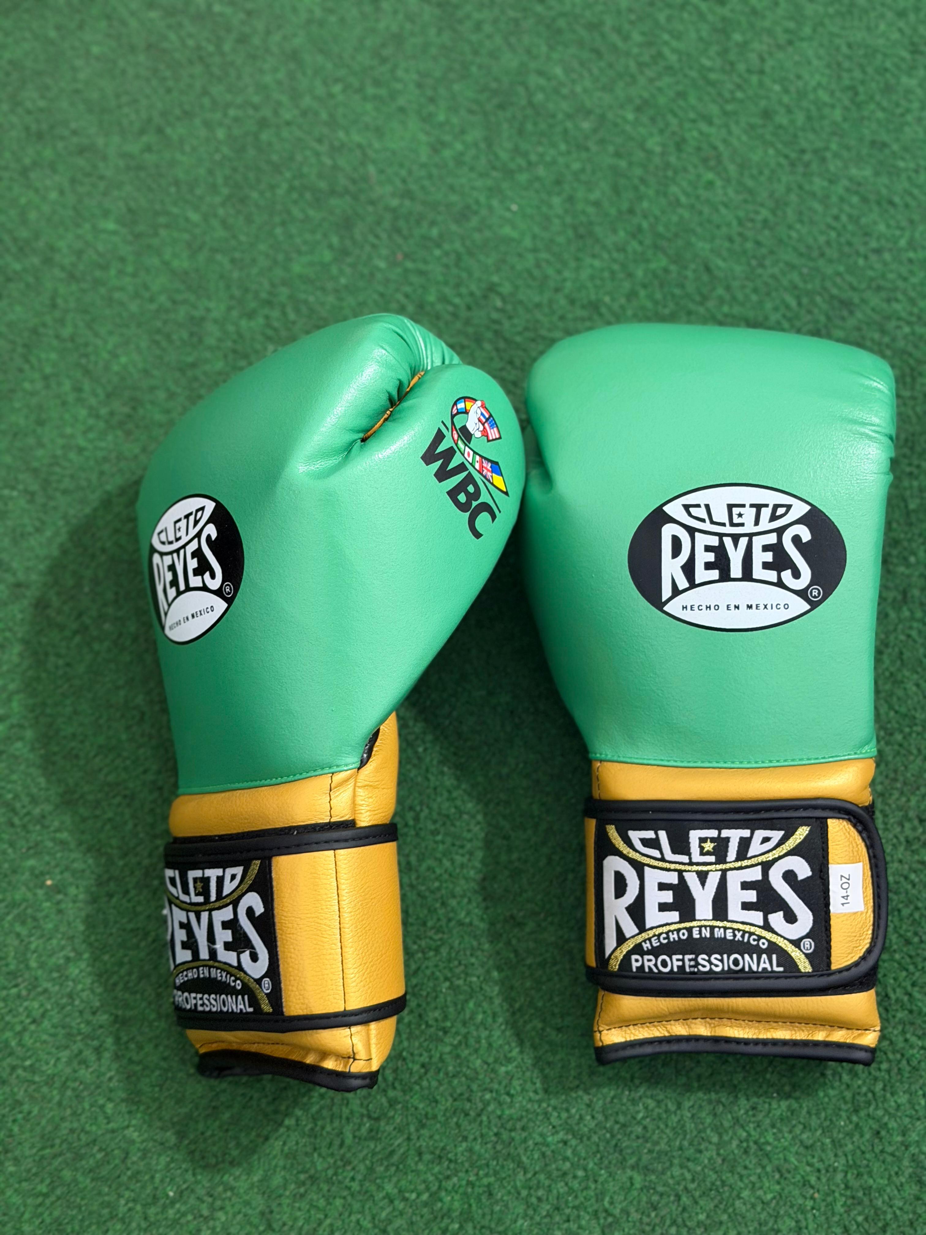Cleto Reyes Professional Boxing Gloves Green & Gold WBC Edition – Hook & Loop Velcro Training Gloves (14oz)