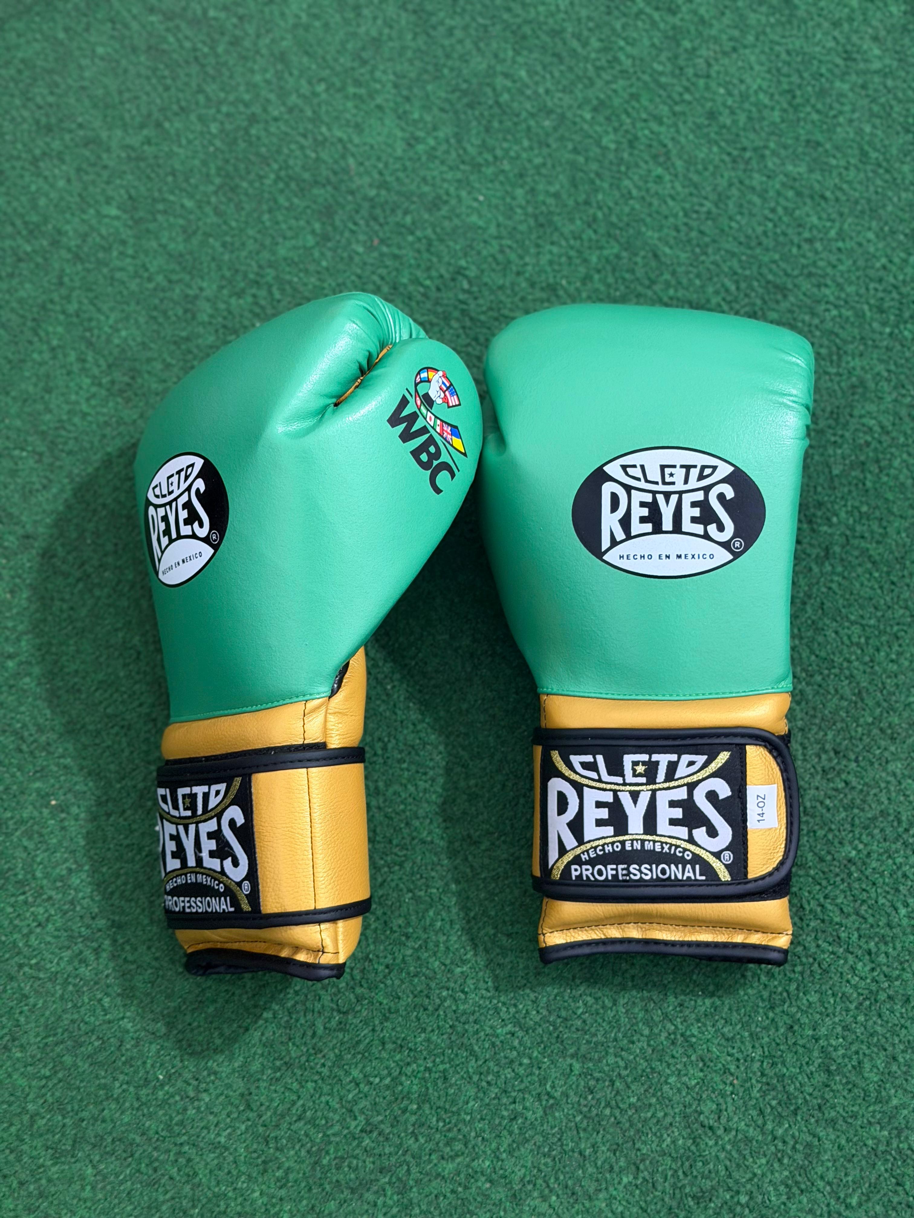 Cleto Reyes Professional Boxing Gloves Green & Gold WBC Edition – Hook & Loop Velcro Training Gloves (14oz)